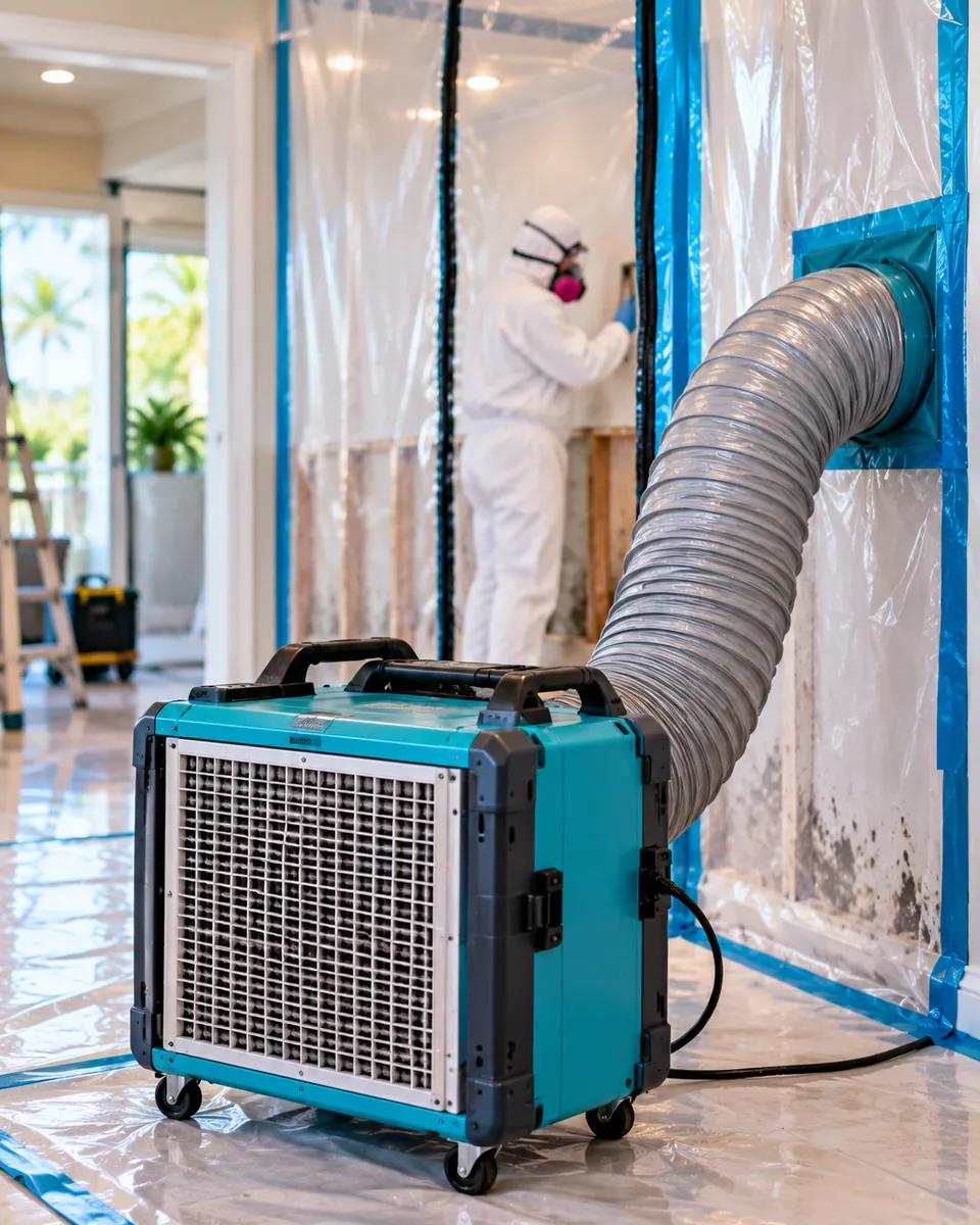 HEPA air scrubber and poly containment set up for mold remediation in Delray Beach