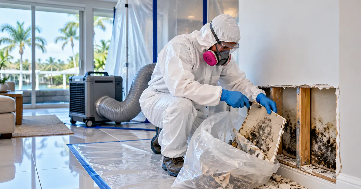 Straight-Answer Mold Removal in Delray Beach, FL — technician removing mold under containment